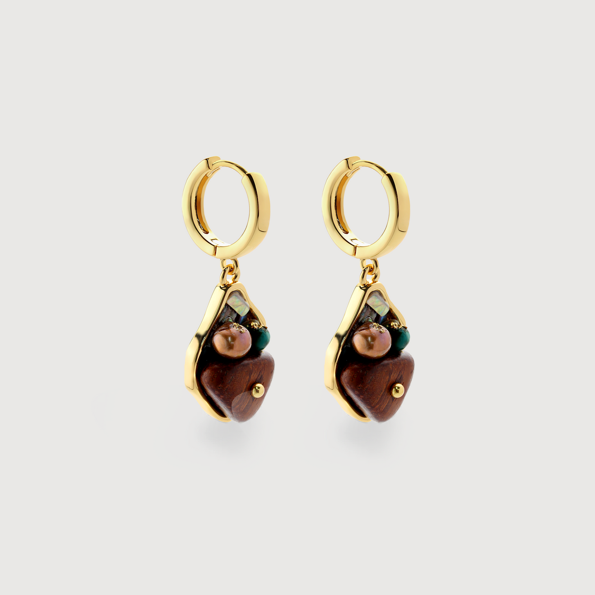 Tiger's Eye Wood & Pearl Drop Hoop Earrings