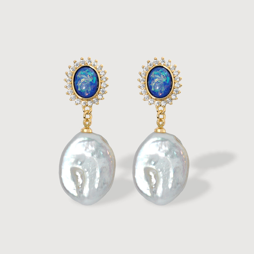Blue Oval Zircon & Freshwater Pearl Drop Earrings