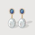 Blue Oval Zircon & Freshwater Pearl Drop Earrings