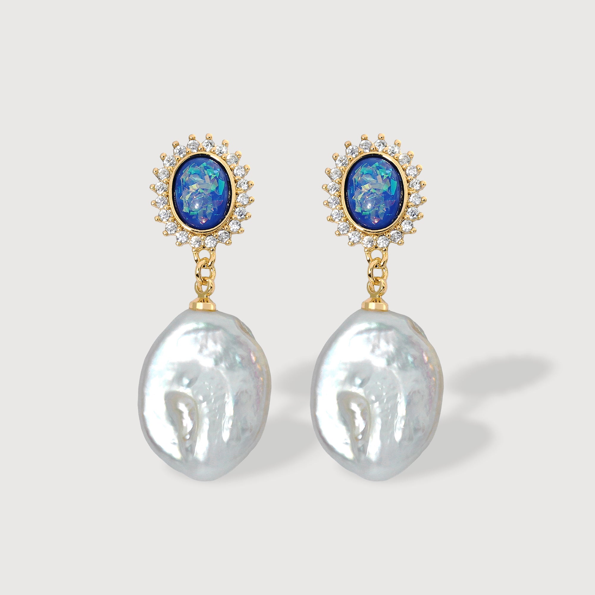 Blue Oval Zircon & Freshwater Pearl Drop Earrings