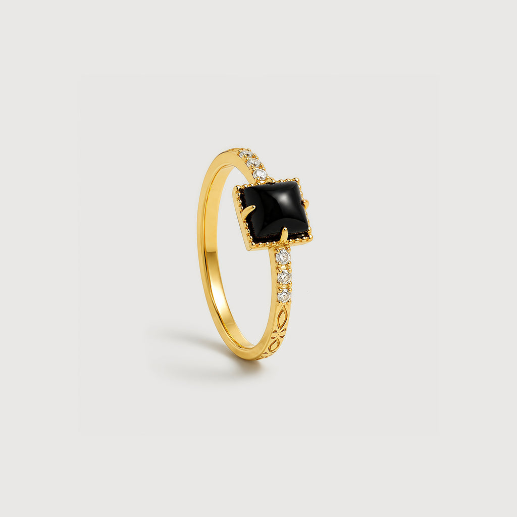 18K Gold-Plated S925 Black Onyx Square Ring