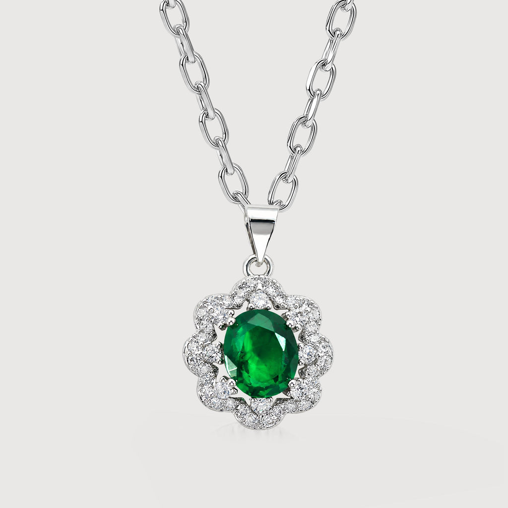 Green Zircon Floral Halo Pendant Necklace