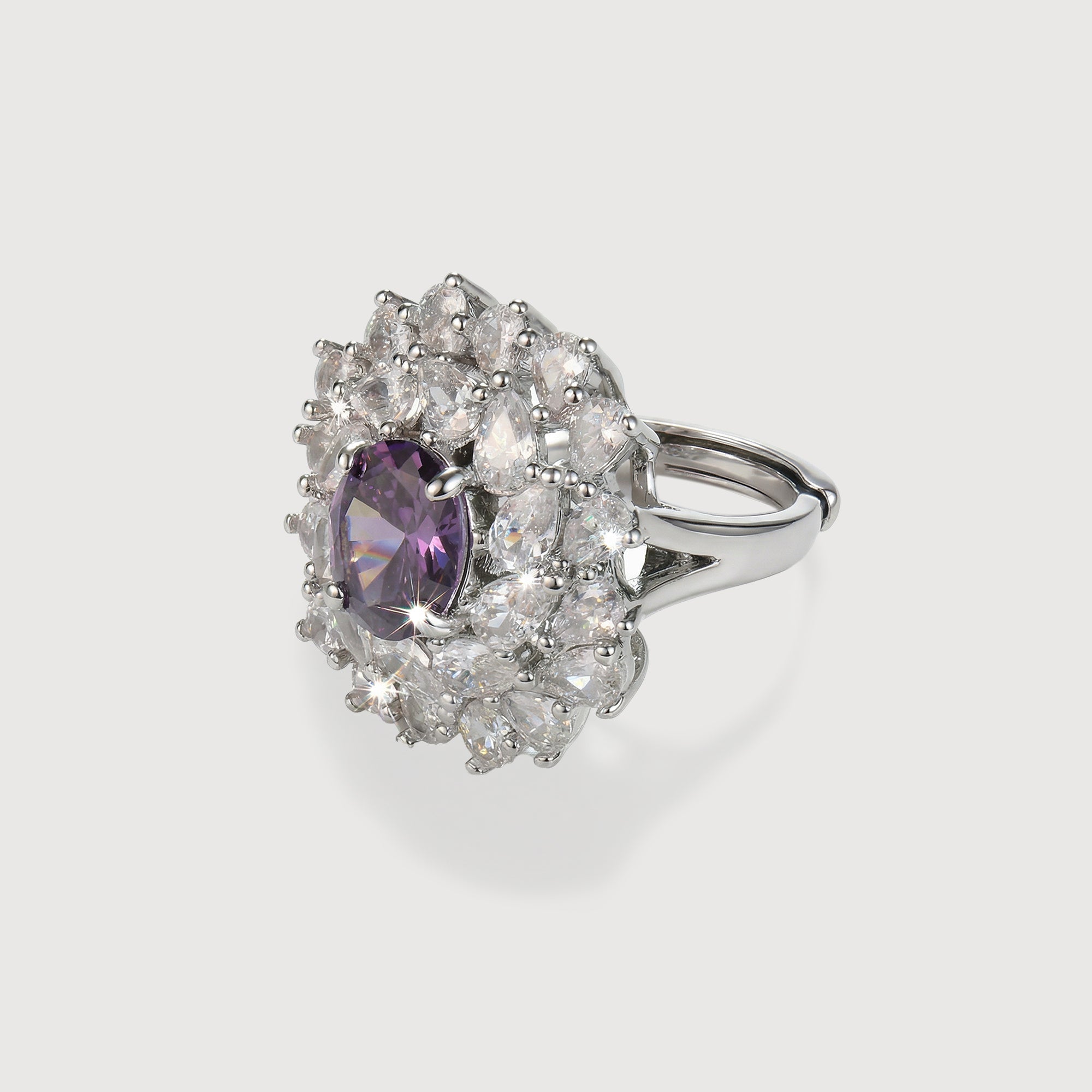 Silver-Tone Purple Zircon Floral Halo Ring