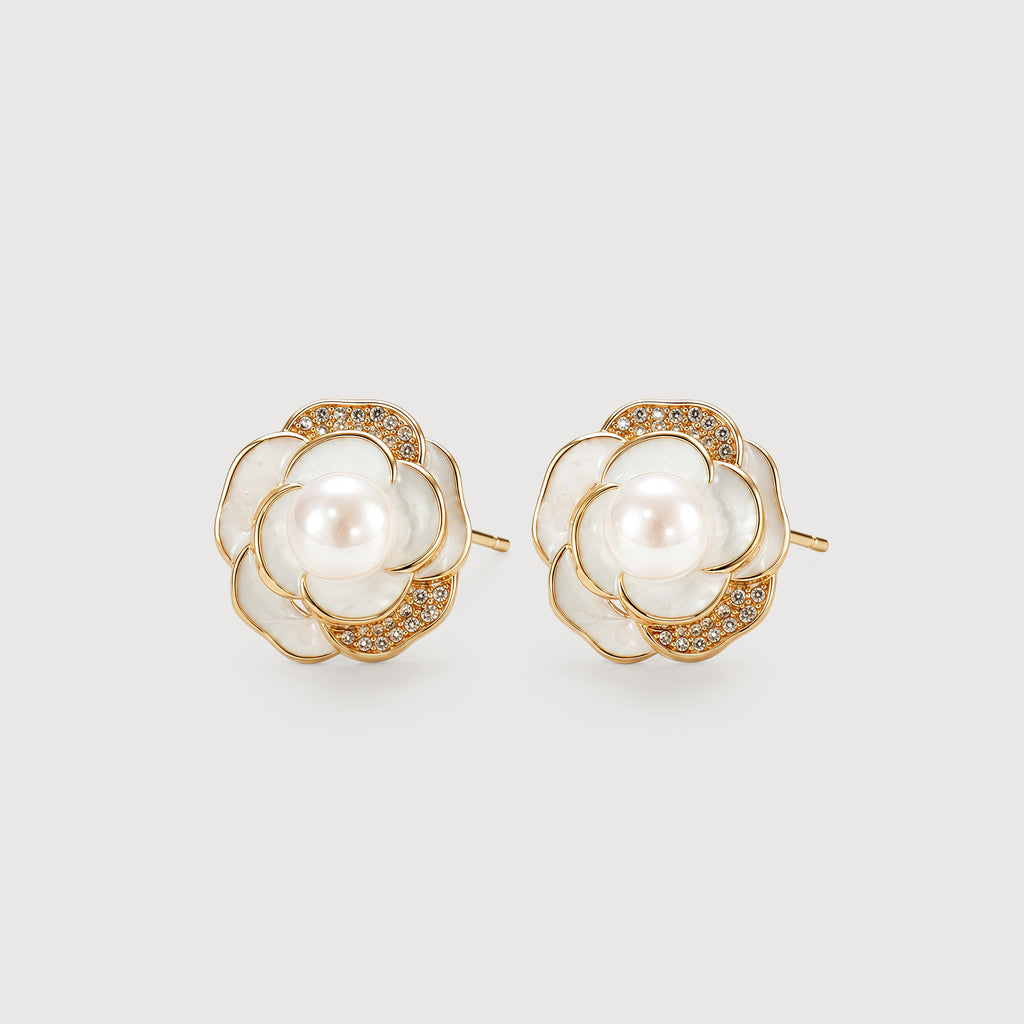 Gold-Plated Pearl Floral Stud Earrings