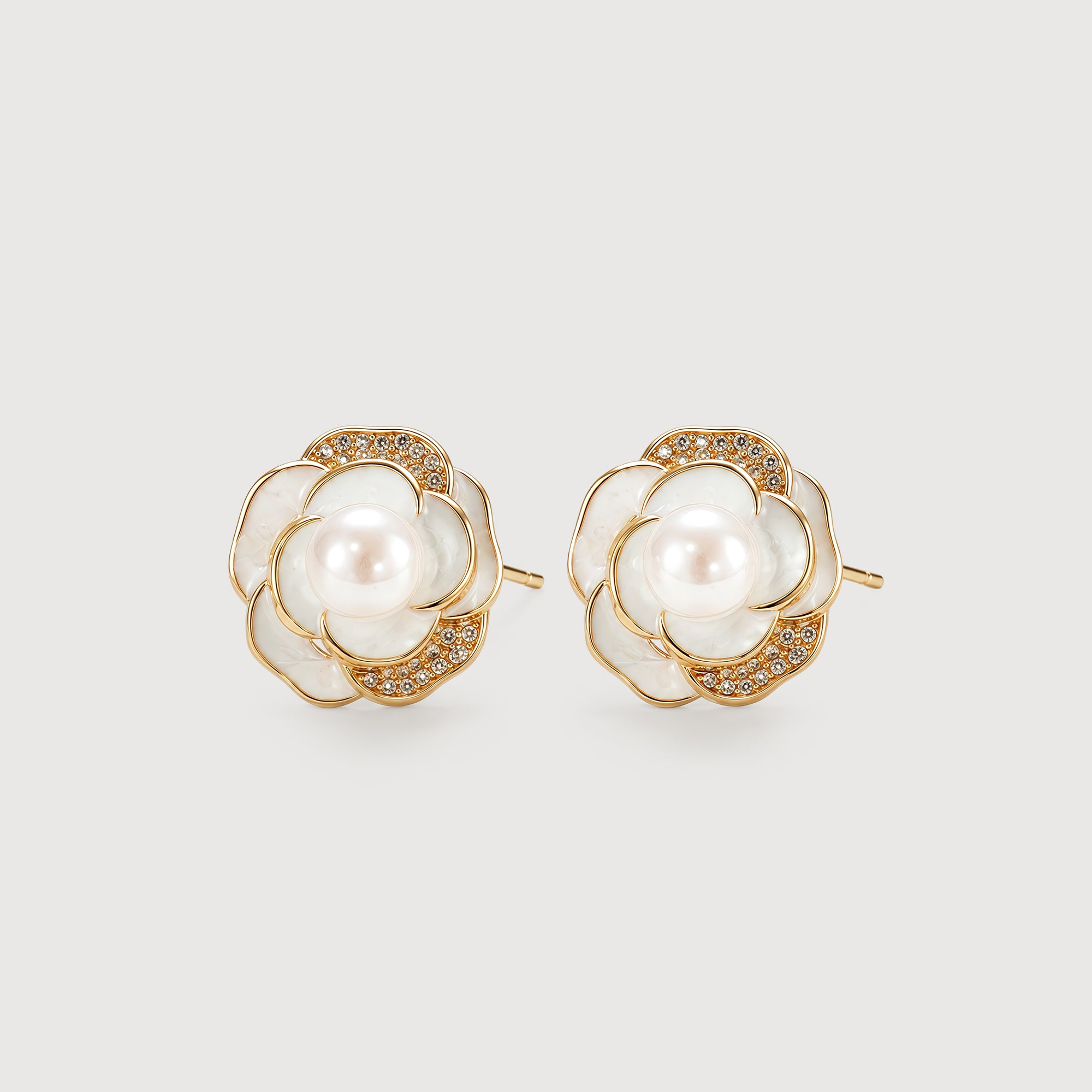 Gold-Plated Pearl Floral Stud Earrings