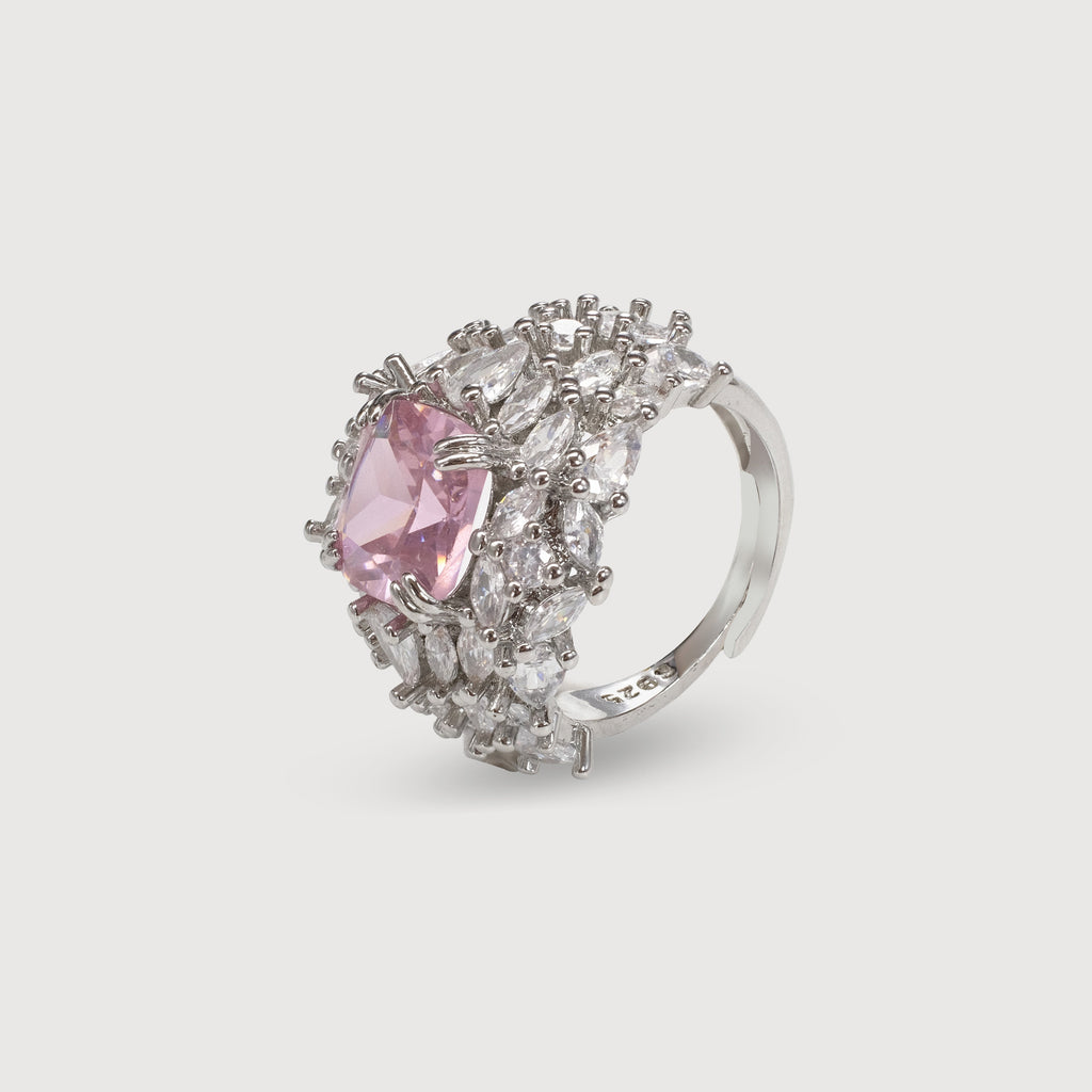 Silver-Tone Pink Cushion Zircon Halo Ring