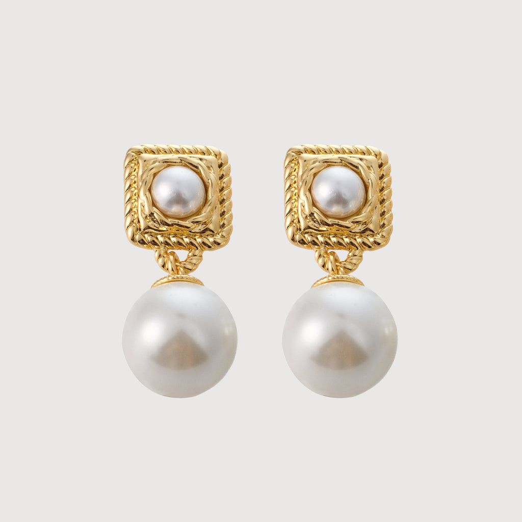 Geometric Double Pearl Drop Earrings