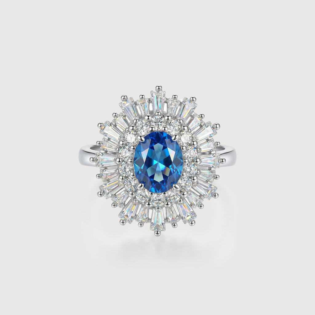 Silver-Tone Blue Zircon Radiant Halo Ring