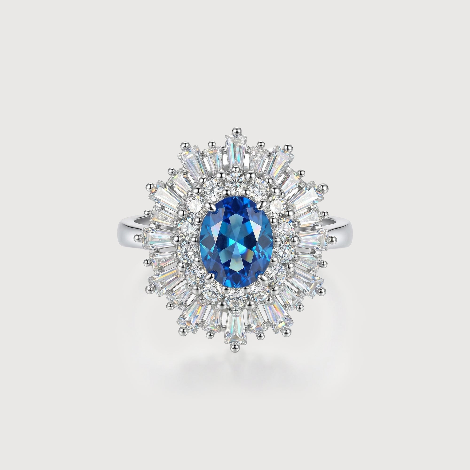 Silver-Tone Blue Zircon Radiant Halo Ring