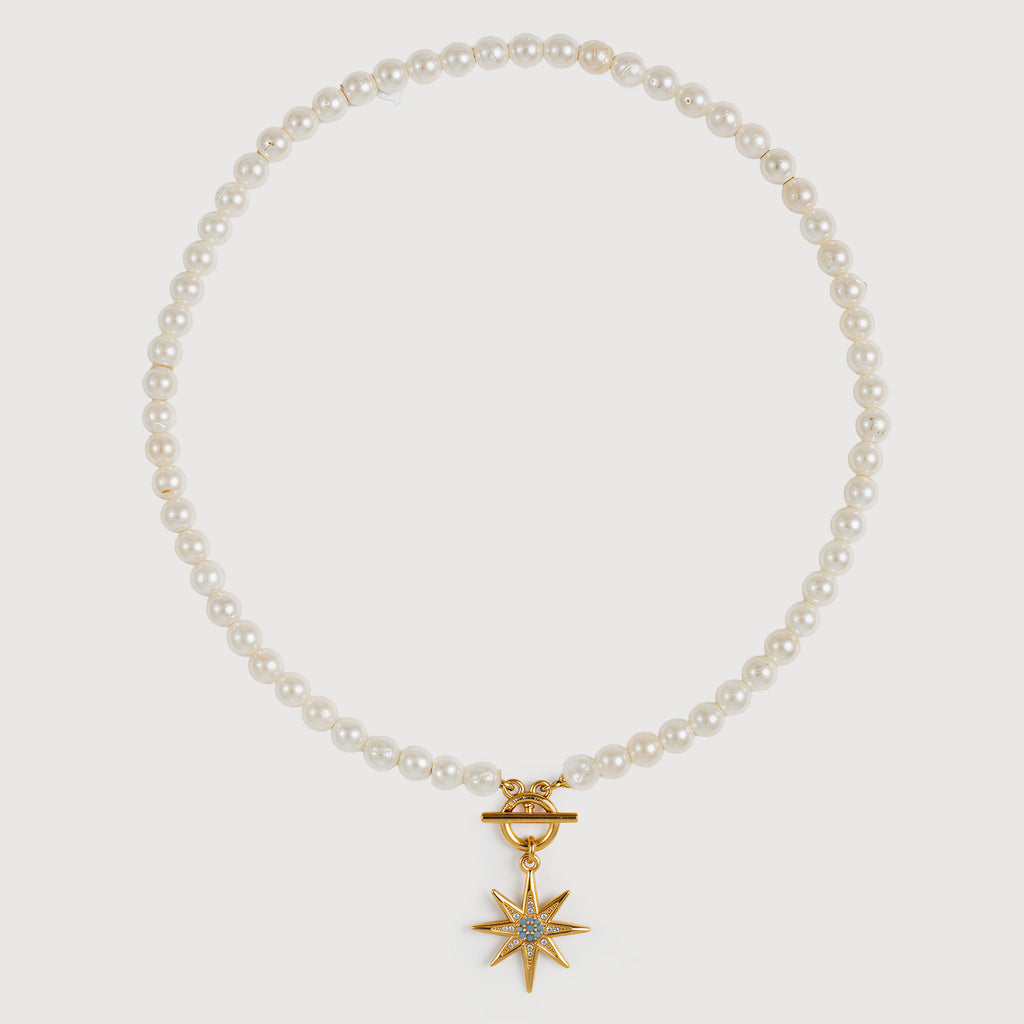 Gold-Plated Blue Starburst Pearl-Bead Necklace