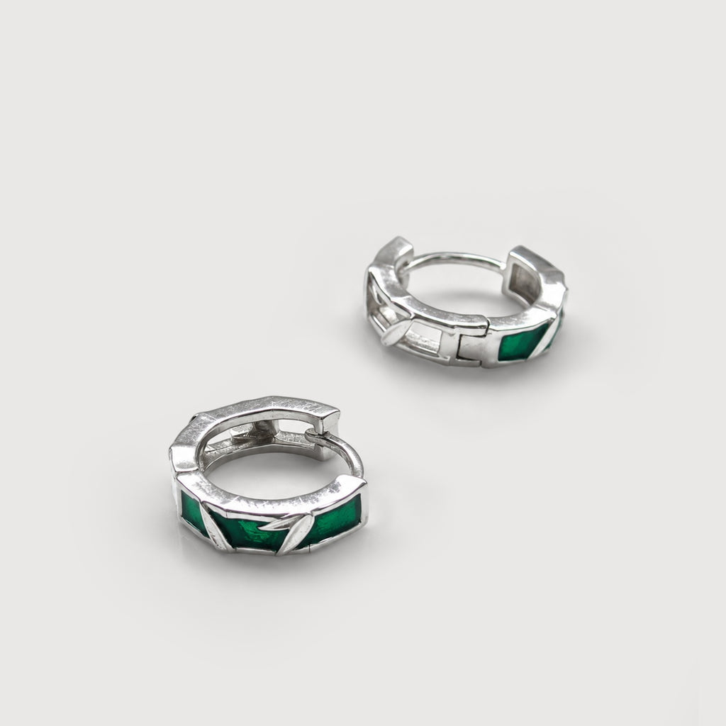 S925 Bamboo Leaf Hoop Earrings with Green Accents