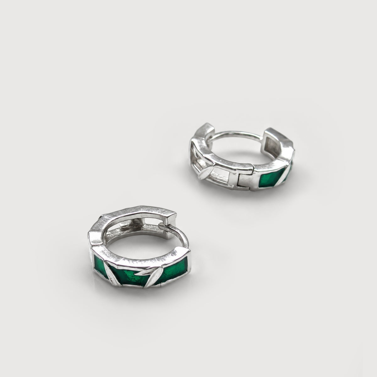 S925 Bamboo Leaf Hoop Earrings with Green Accents