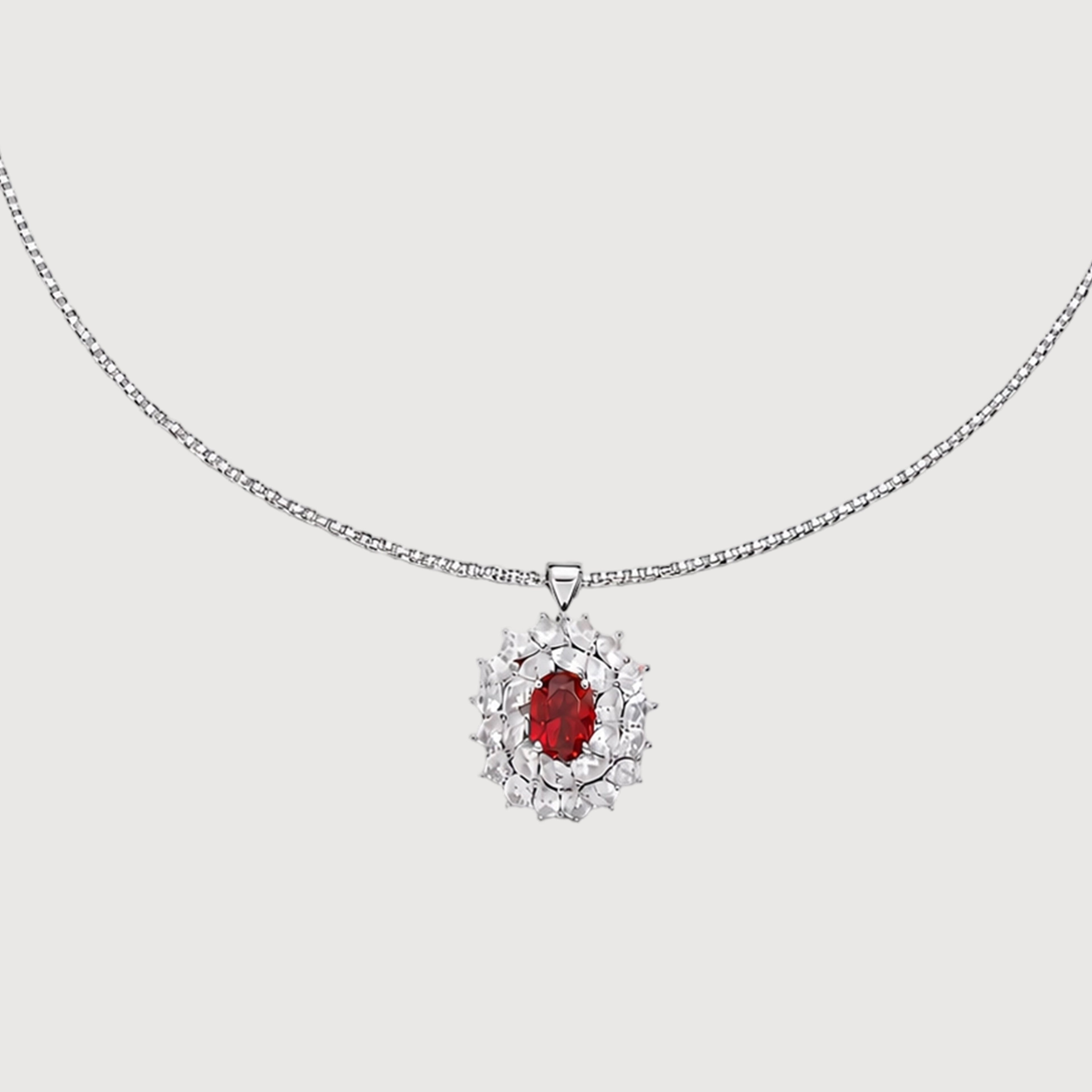 Red Oval Zircon Halo Pendant Necklace
