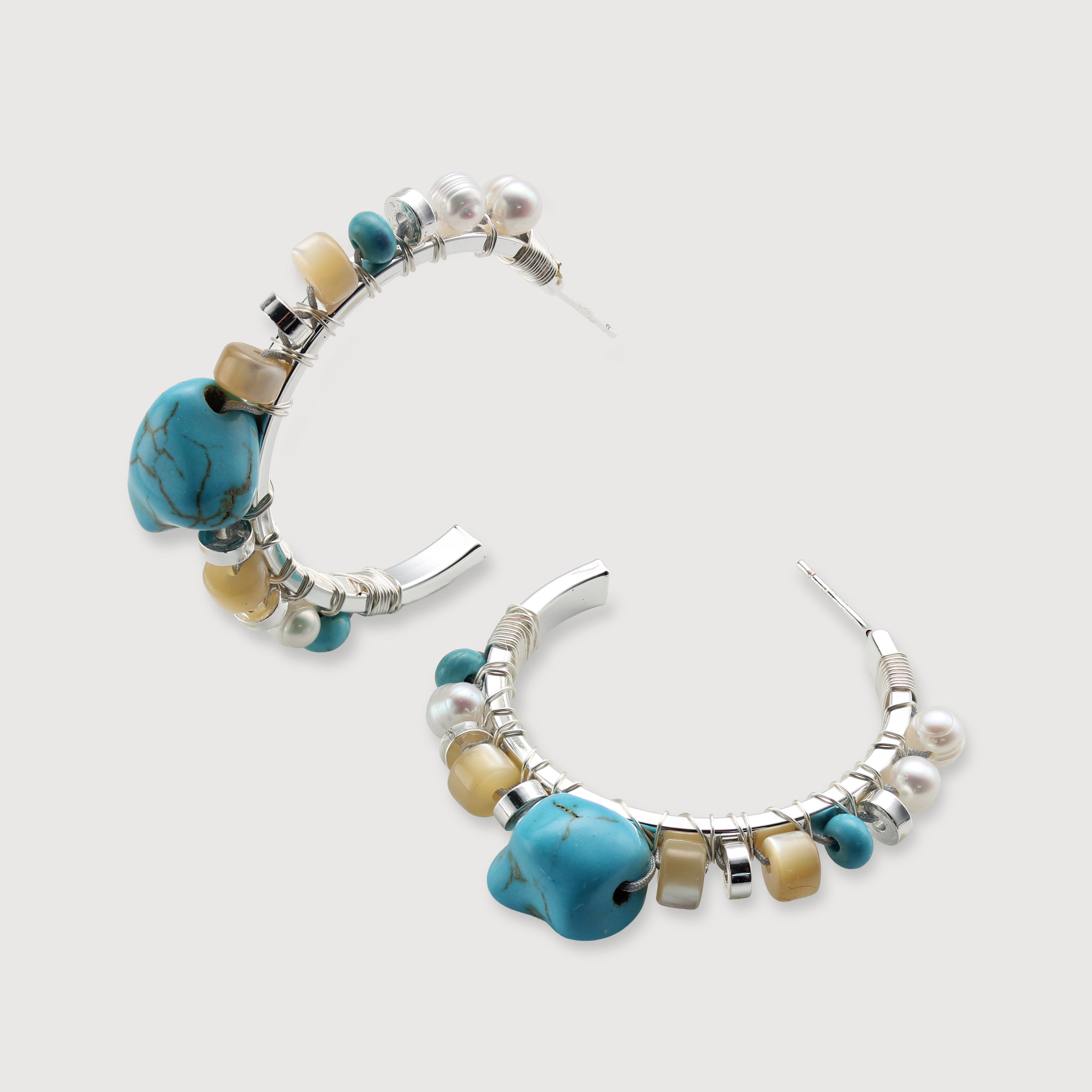 Turquoise Pearl Mixed-Bead Hoop Earrings