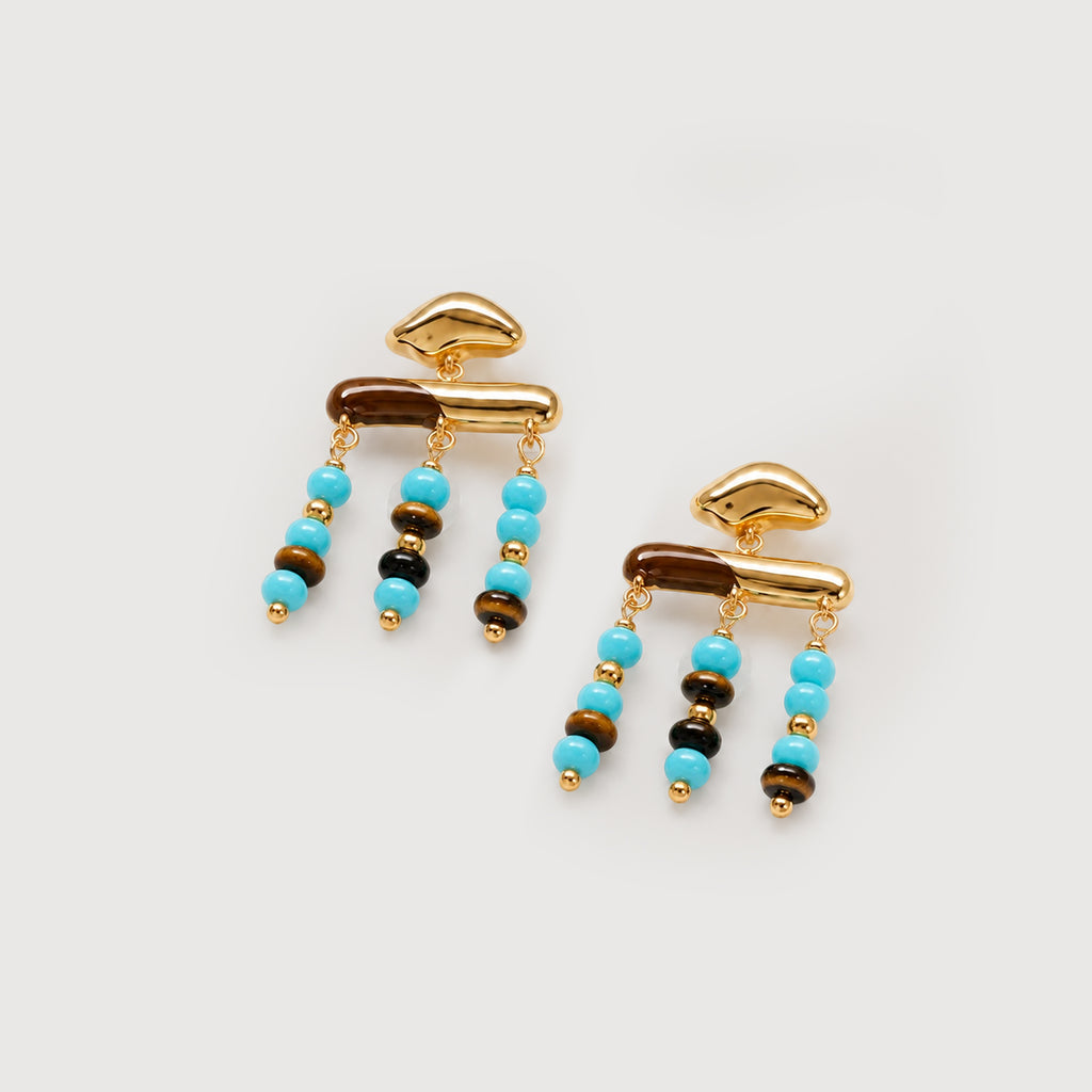 Beaded Fringe Drop Earrings - Gold & Blue
