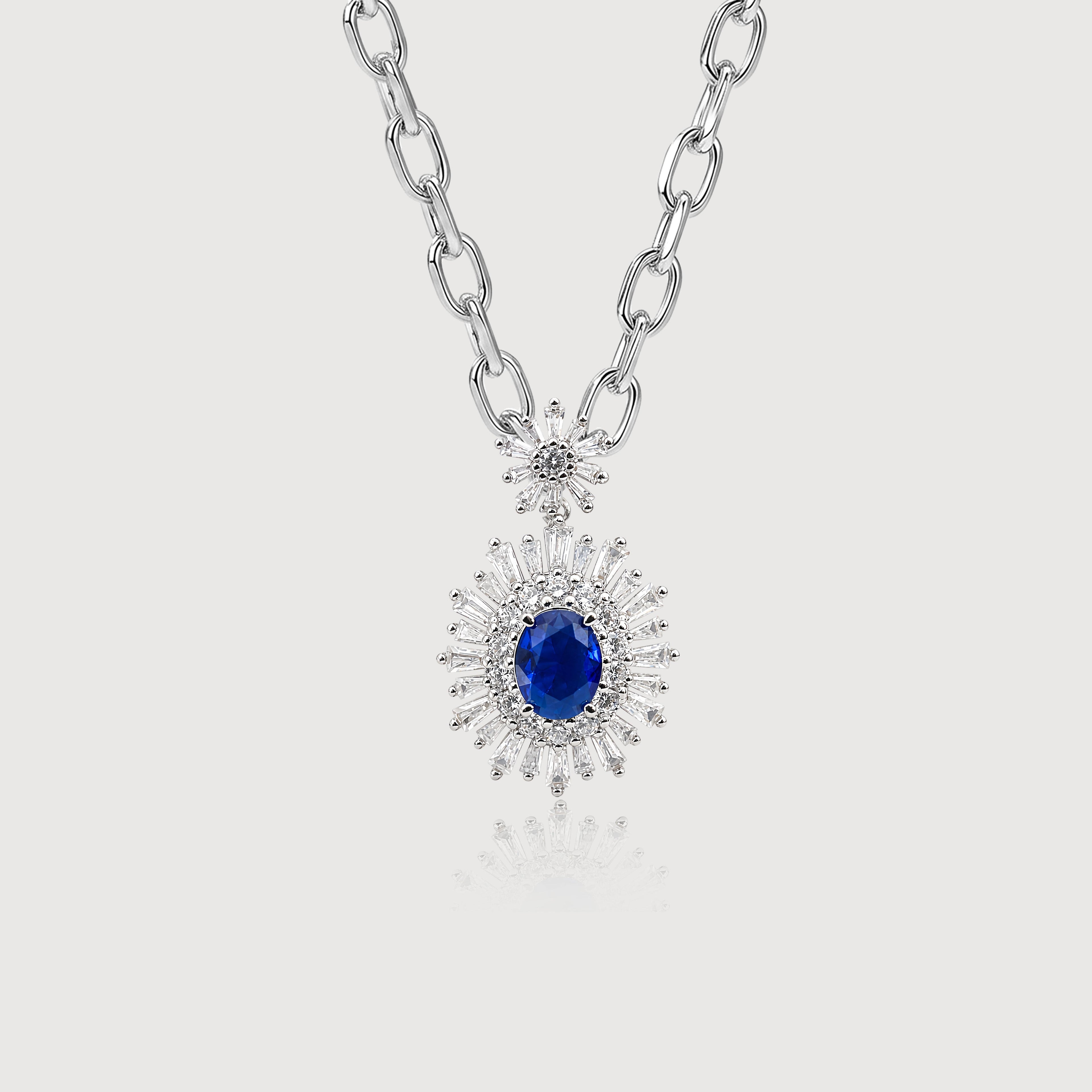 Blue Cubic Zirconia Sunburst Pendant Necklace