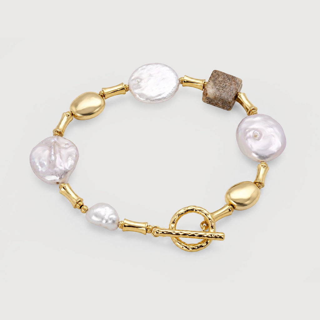 18K Gold-Plated Pearl & Picture Jasper Bracelet