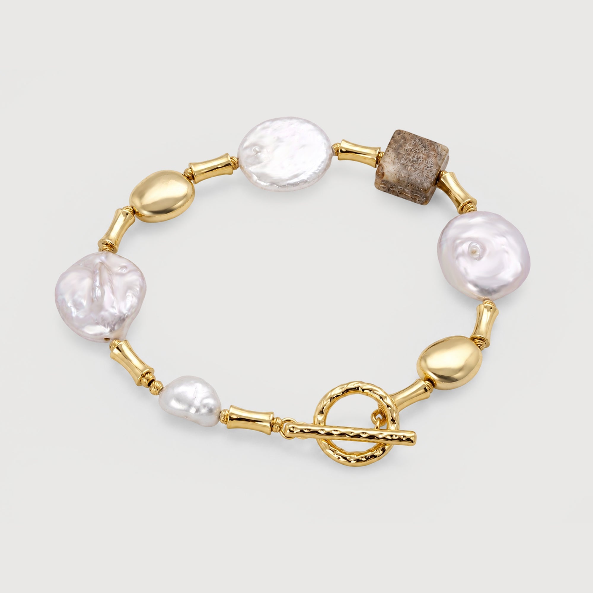 18K Gold-Plated Pearl & Picture Jasper Bracelet