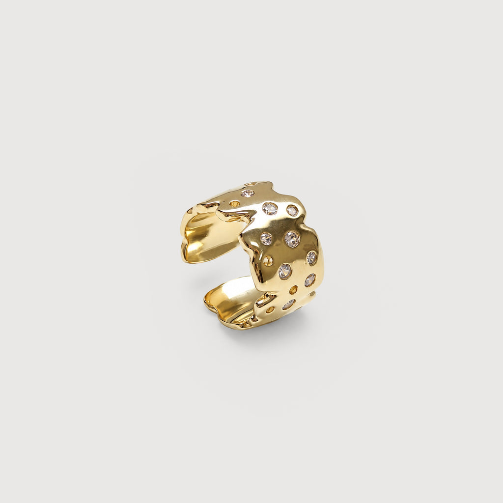 5A Zirconia Irregular Wide Gold-Plated Copper Alloy Ring