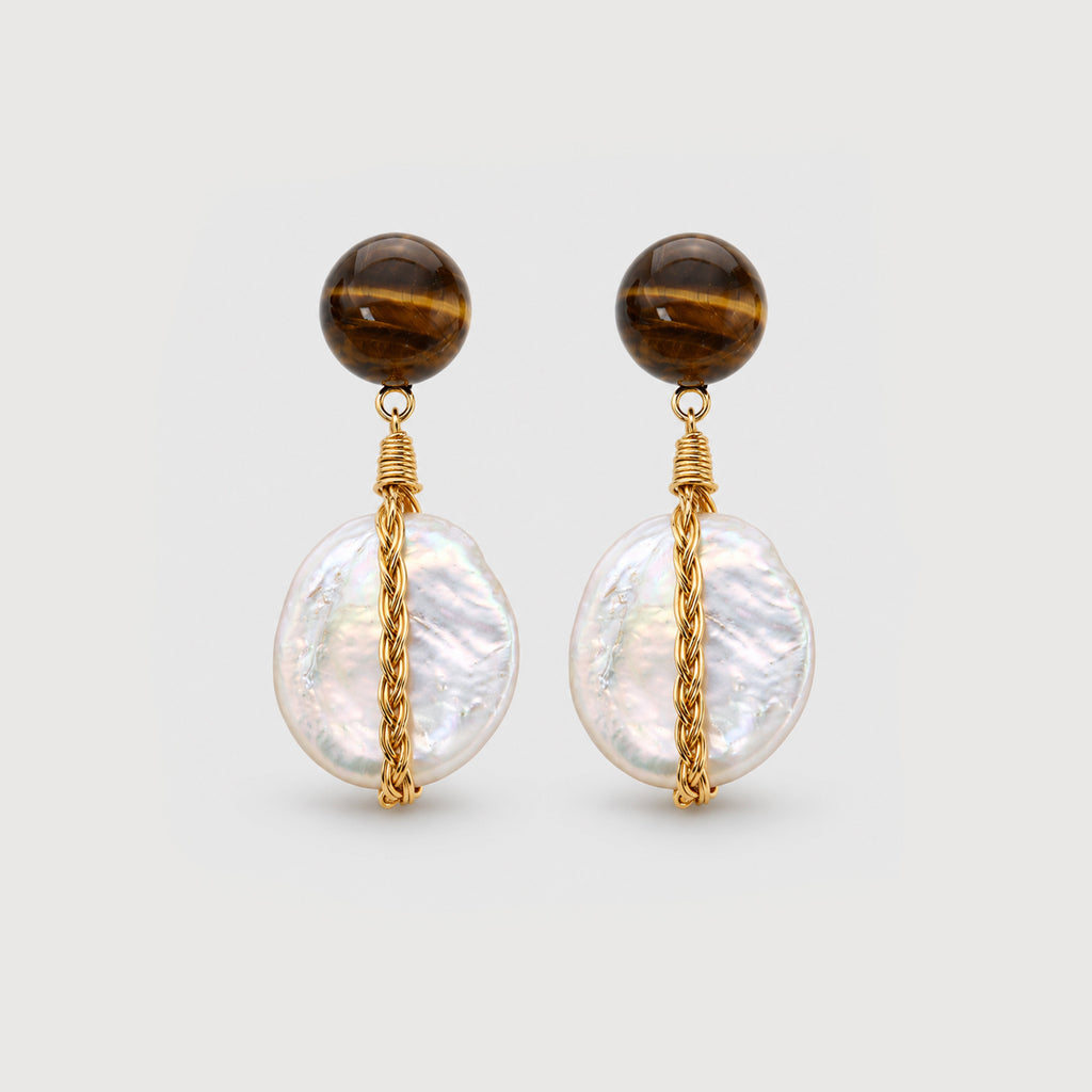 S925 Tiger Eye & Baroque Pearl Drop Earrings