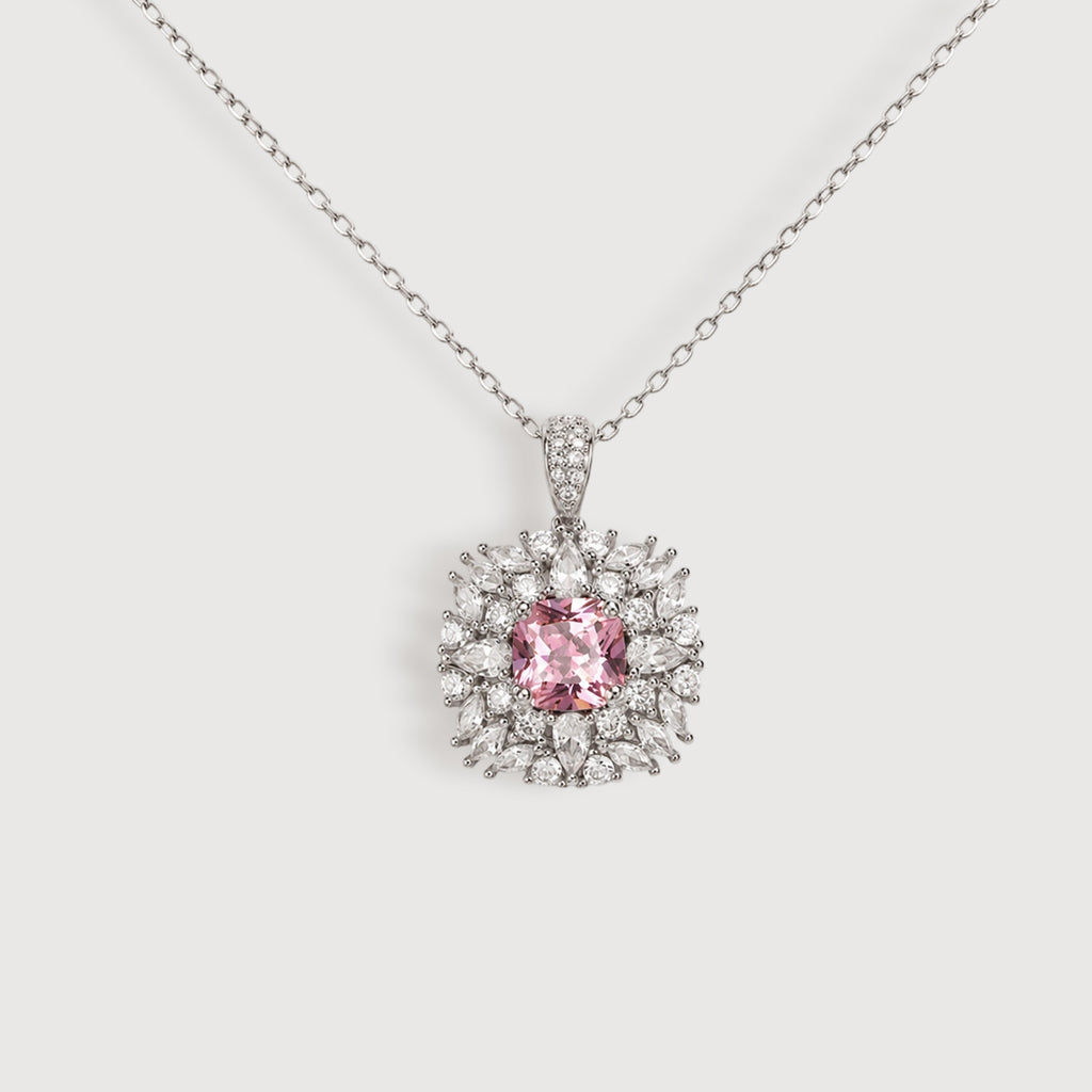 Pink Cubic Zirconia Halo Pendant Necklace