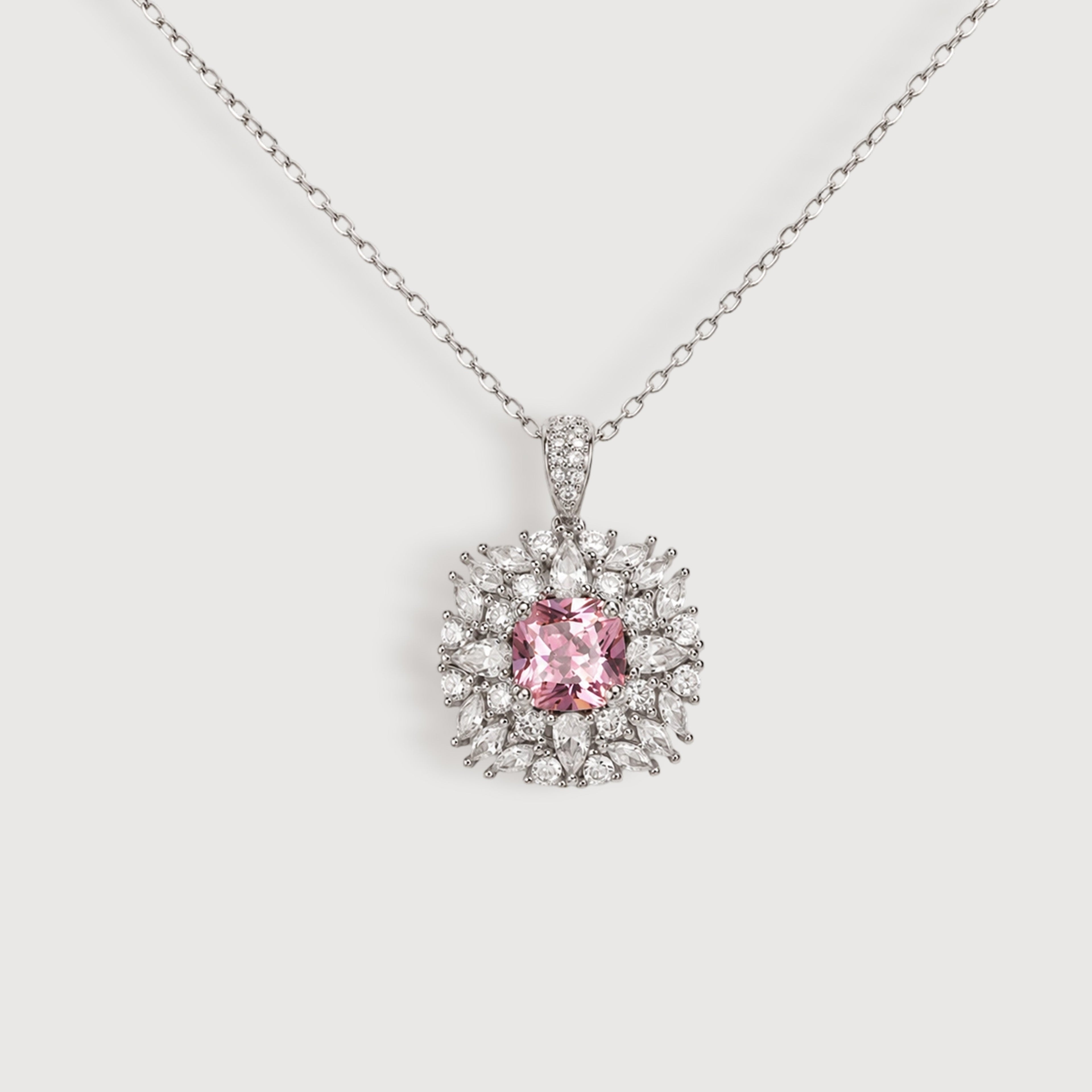 Pink Cubic Zirconia Halo Pendant Necklace