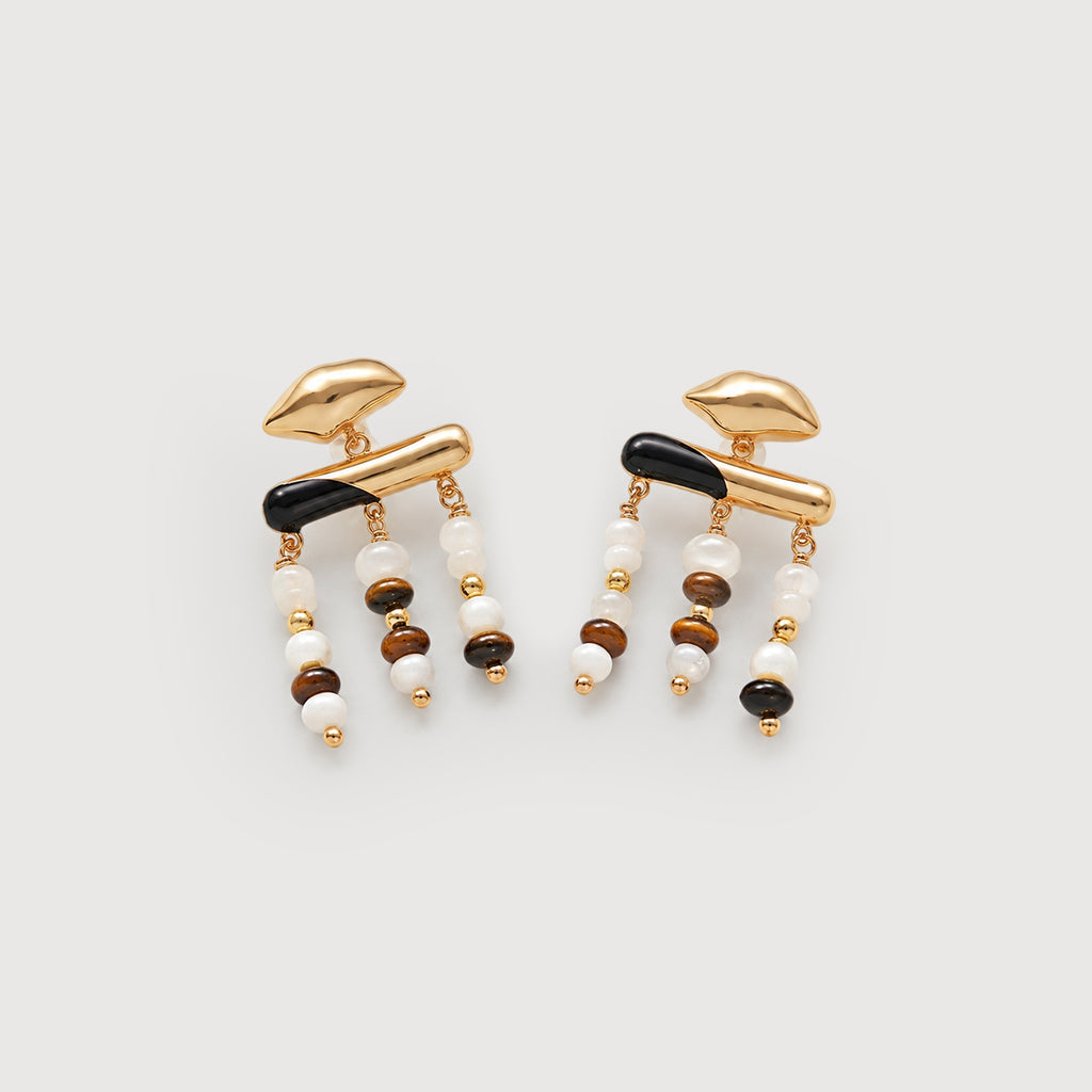 Beaded Fringe Drop Earrings - Gold & Blue