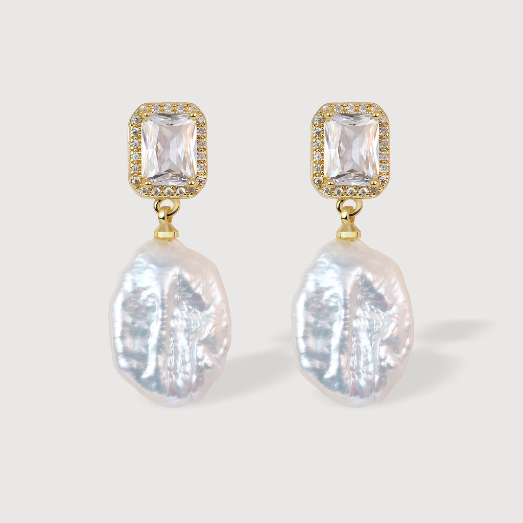 Rectangular Halo Pearl Drop Earrings