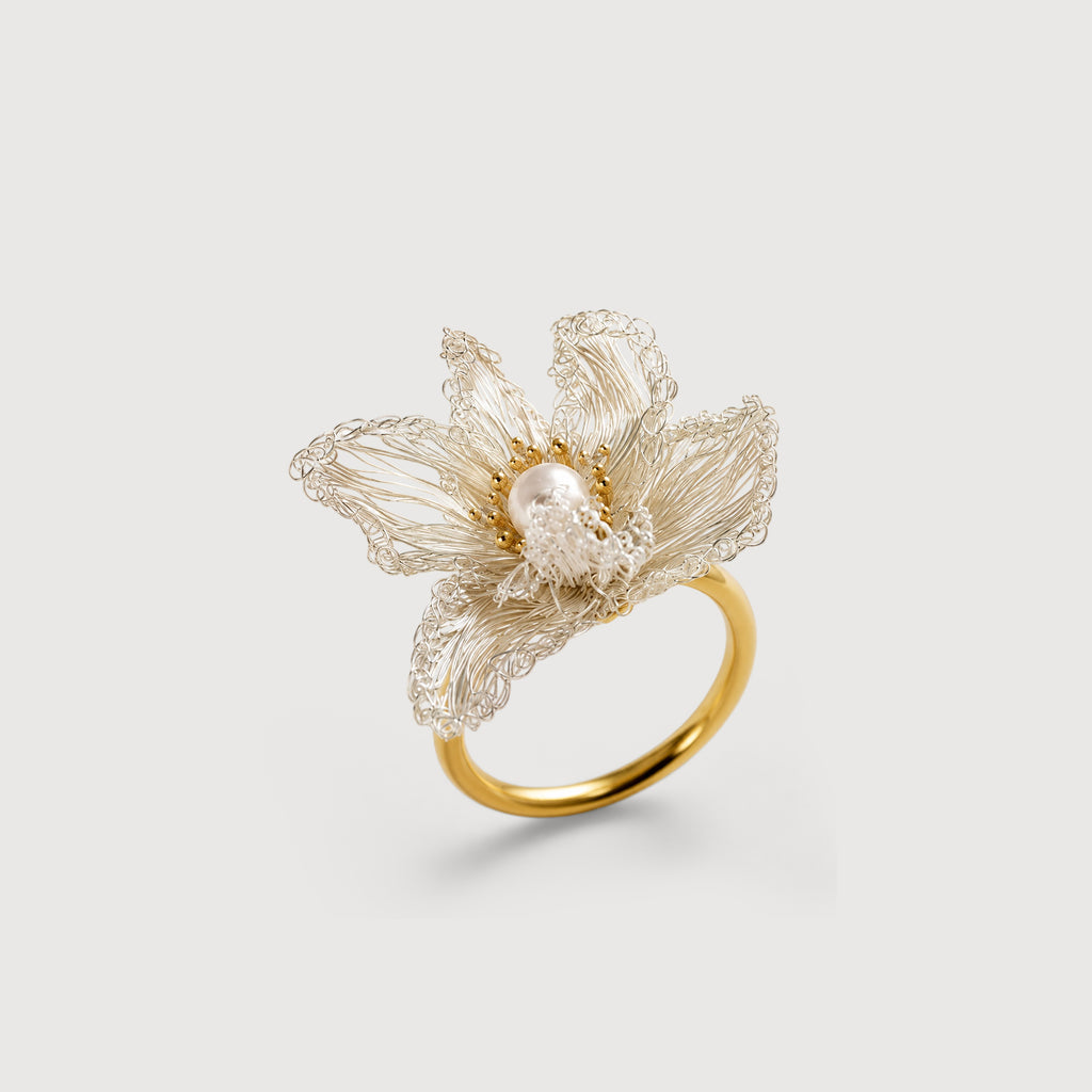 18K Gold-Plated Copper Pearl Floral Ring