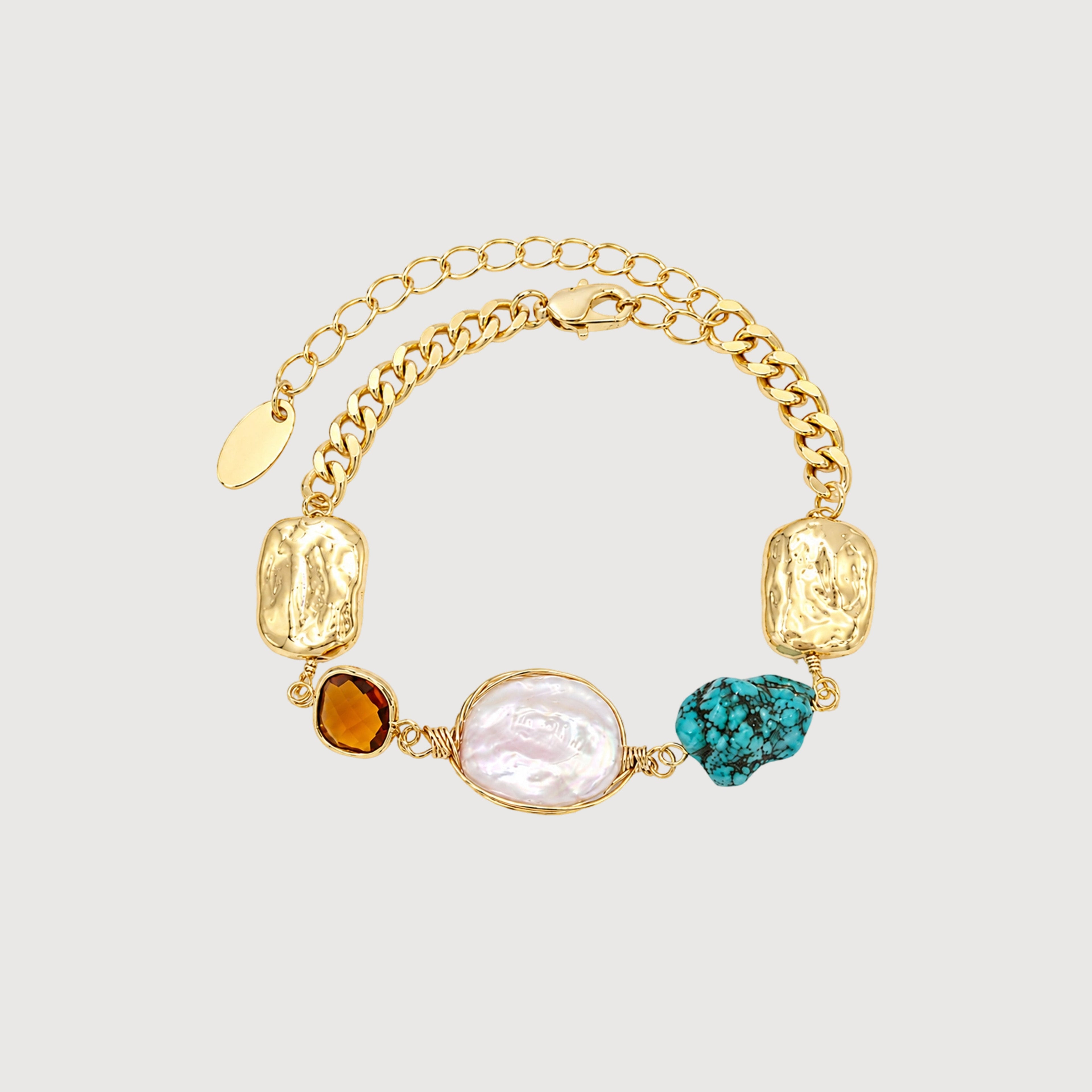 18K Gold-Plated Pearl and Turquoise Bracelet