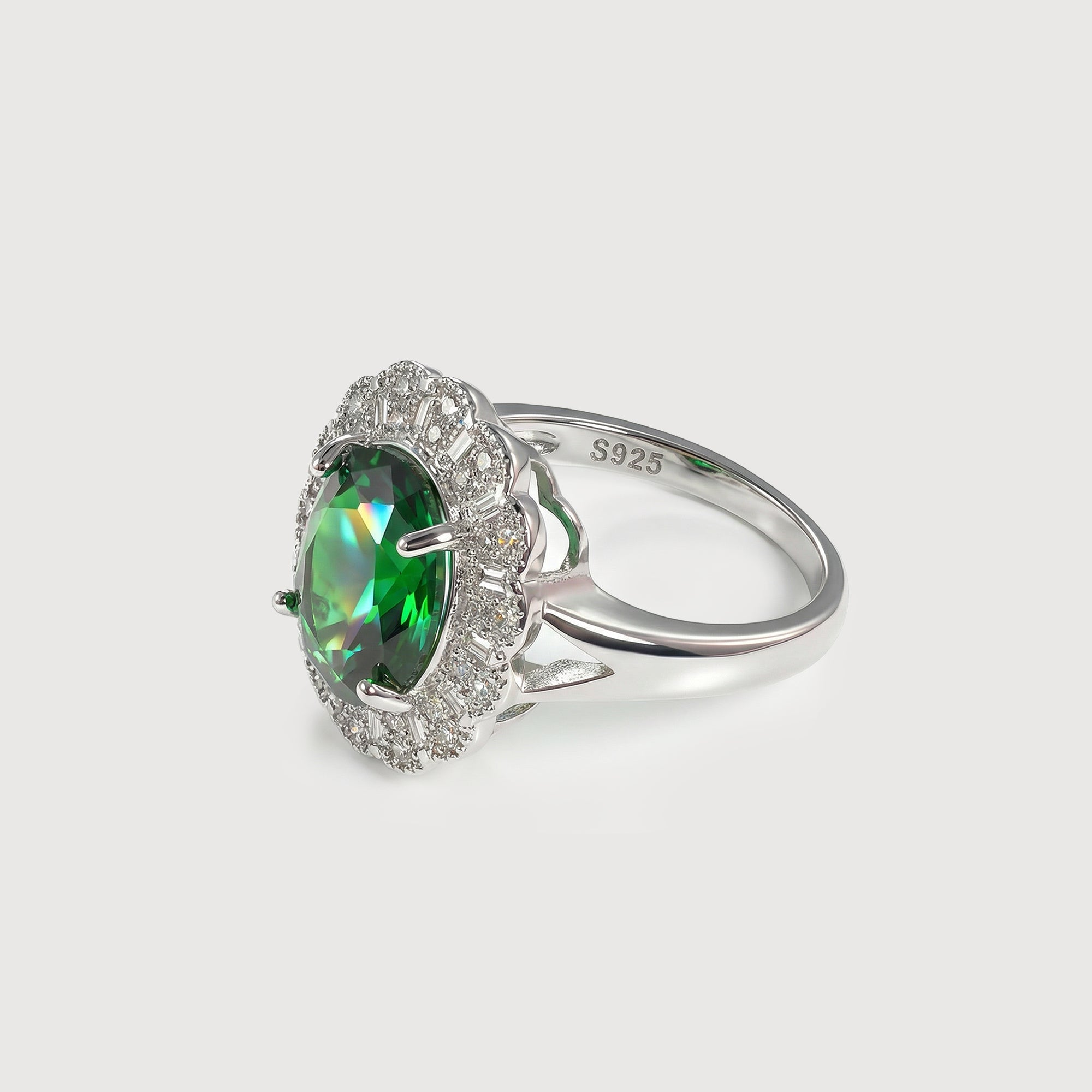 Silver-Tone Green Zircon Halo Copper Ring