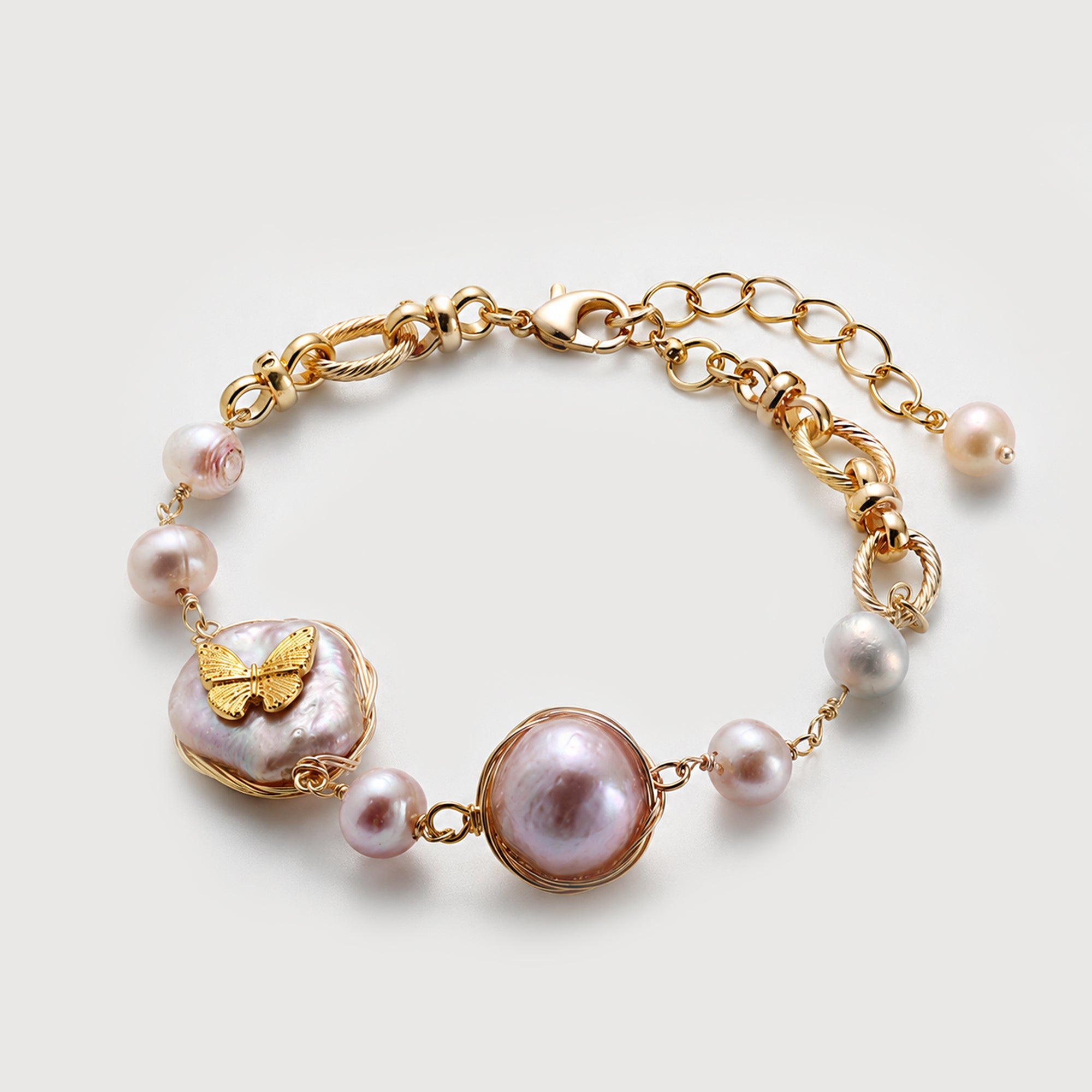 Gold-Plated Baroque Pearl Butterfly Bracelet