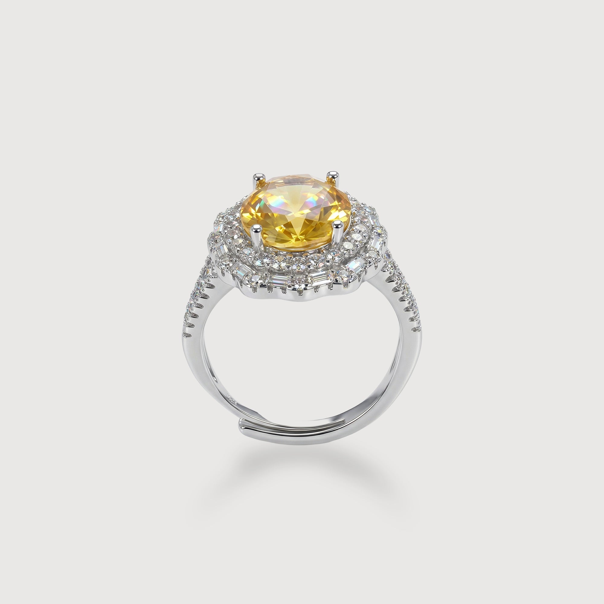 Silver-Tone Yellow Zircon Halo Copper Ring