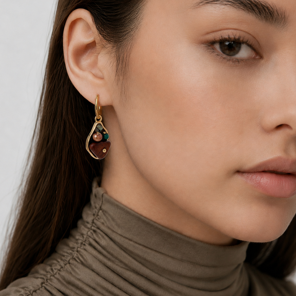 Tiger's Eye Wood & Pearl Drop Hoop Earrings