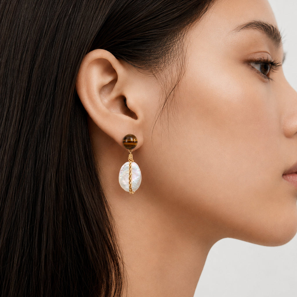 S925 Tiger Eye & Baroque Pearl Drop Earrings