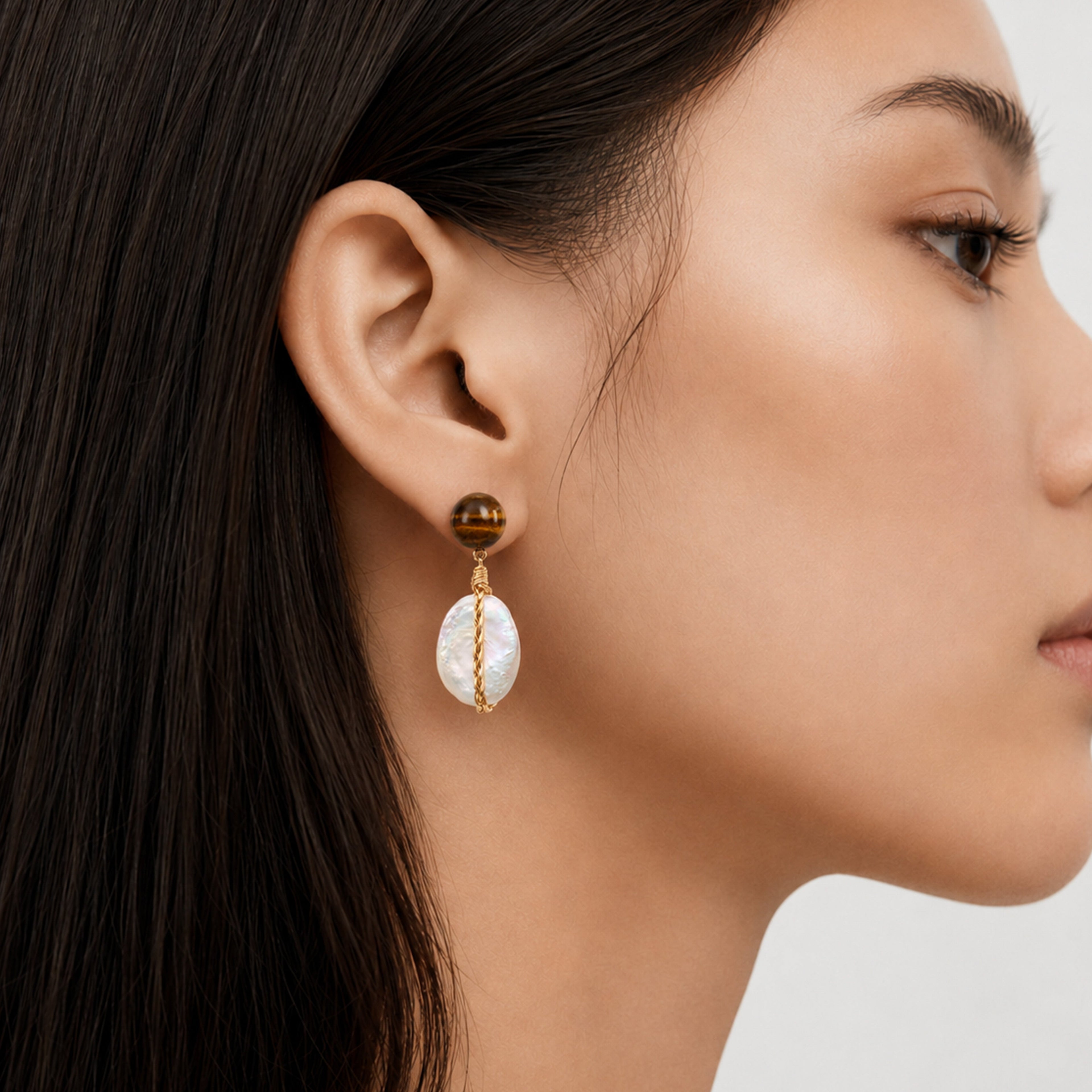 S925 Tiger Eye & Baroque Pearl Drop Earrings