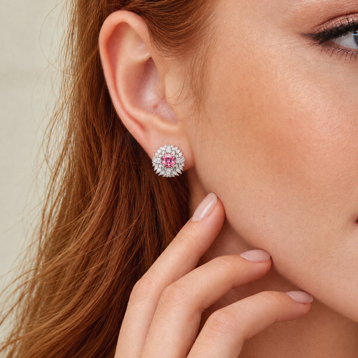 Pink Cushion Halo Zircon Stud Earrings