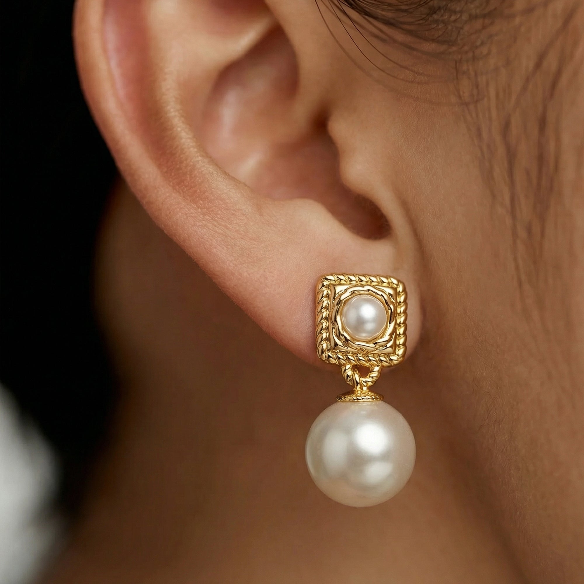 Geometric Double Pearl Drop Earrings