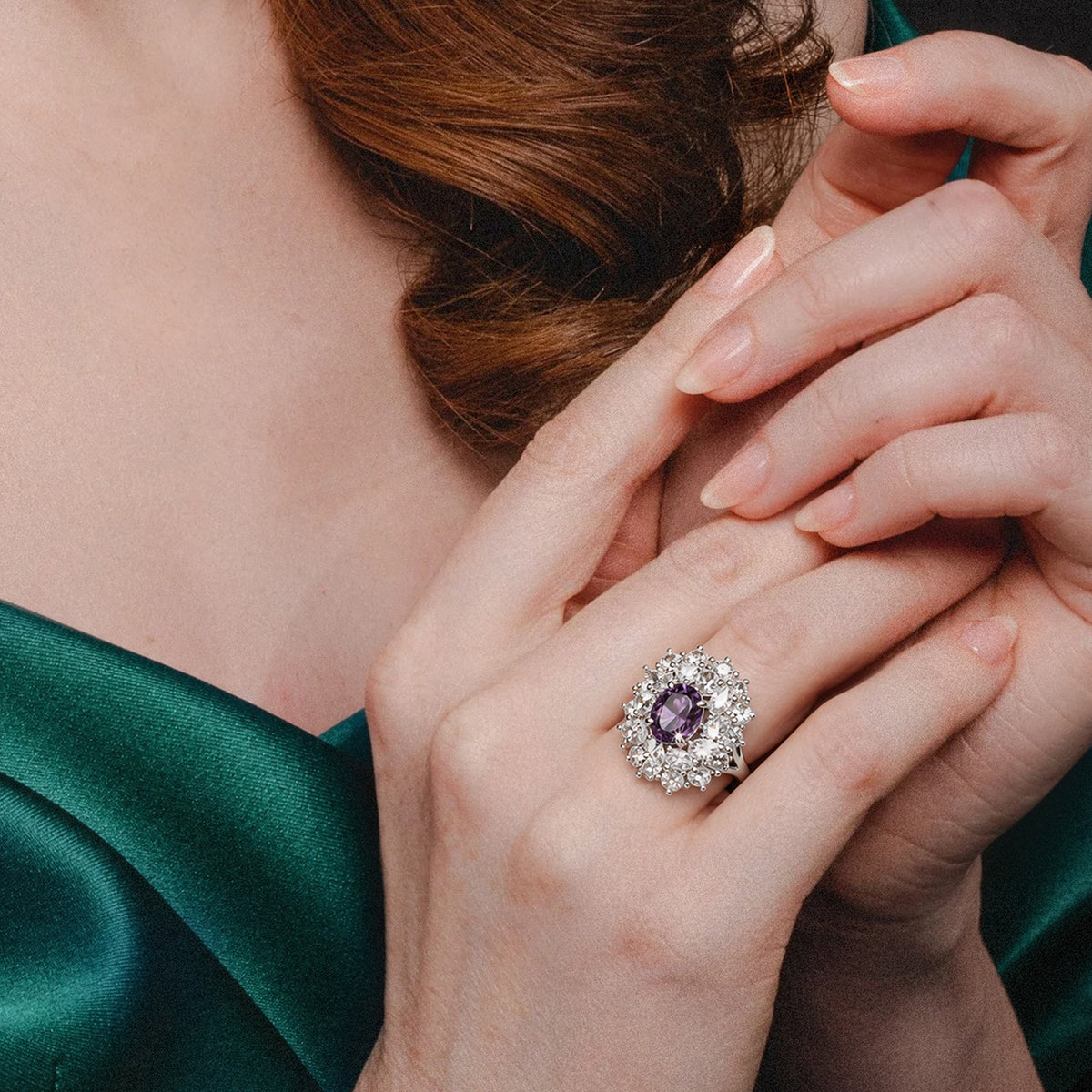 Silver-Tone Purple Zircon Floral Halo Ring