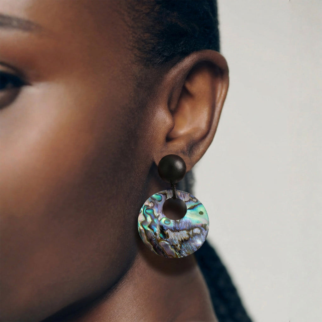 Black Bead Iridescent Shell Drop Earrings