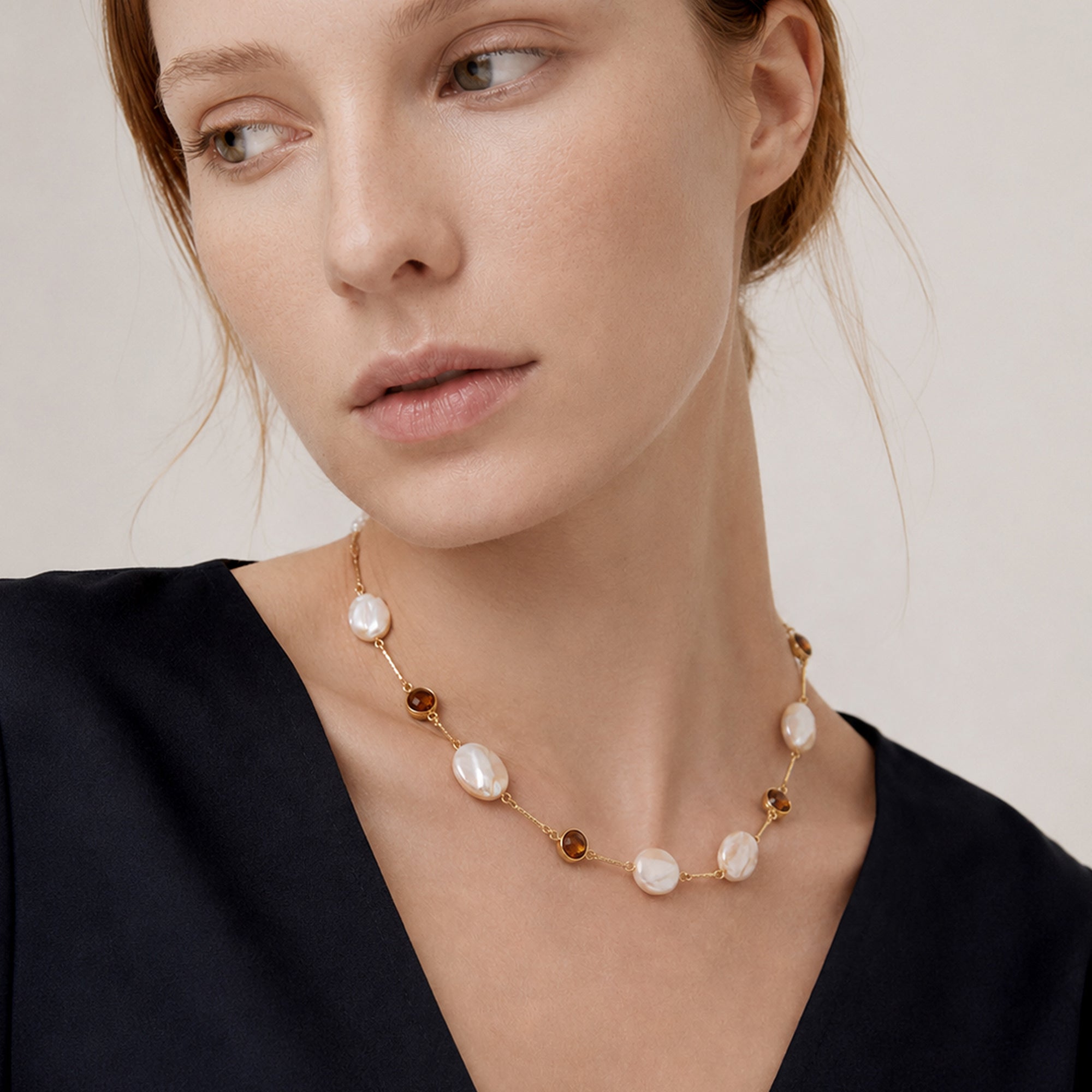 Gold-Plated Shell & Amber Crystal Necklace