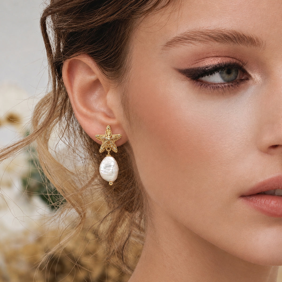 S925 Starfish Baroque Pearl Drop Earrings