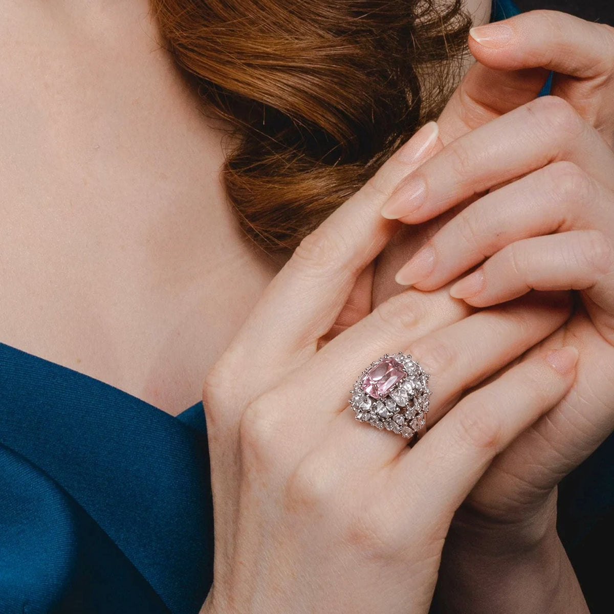 Silver-Tone Pink Cushion Zircon Halo Ring