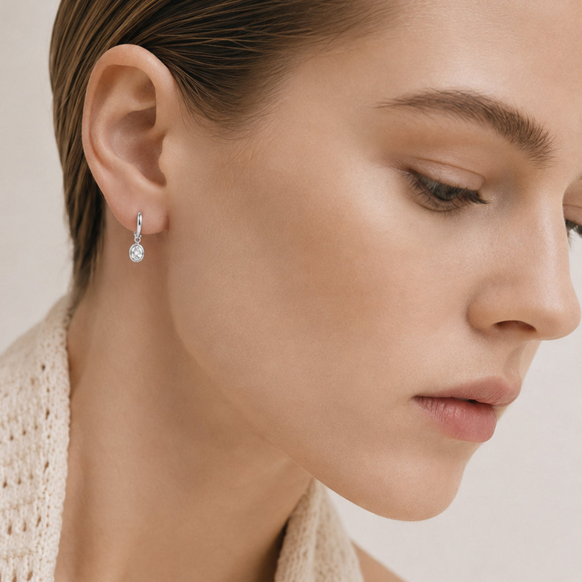5A CZ Bezel Drop Huggie Hoop Earrings