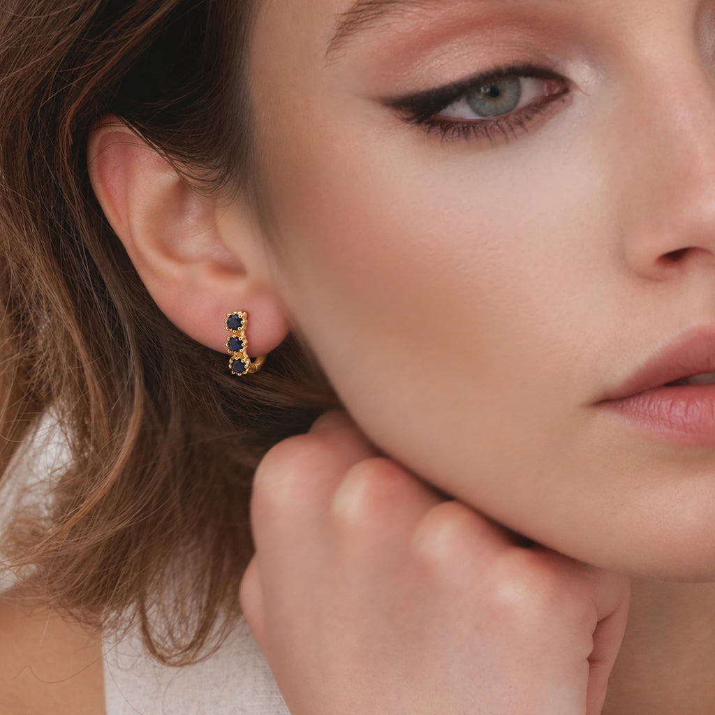 Gold-Plated S925 Triple Blue Zircon Huggie Earrings