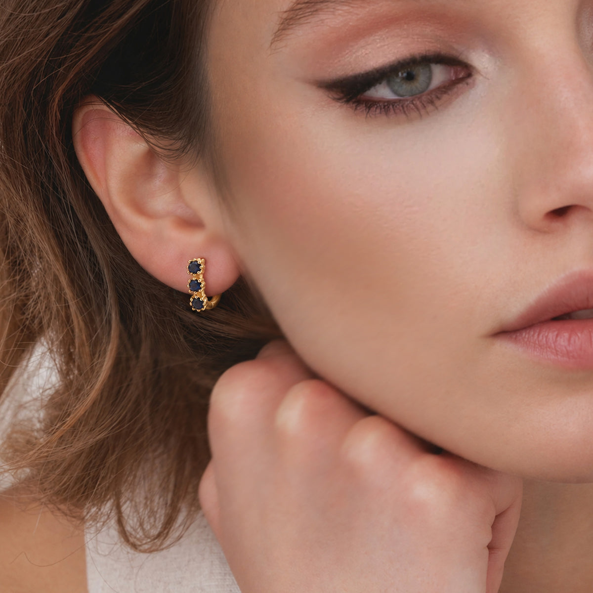 Gold-Plated S925 Triple Blue Zircon Huggie Earrings