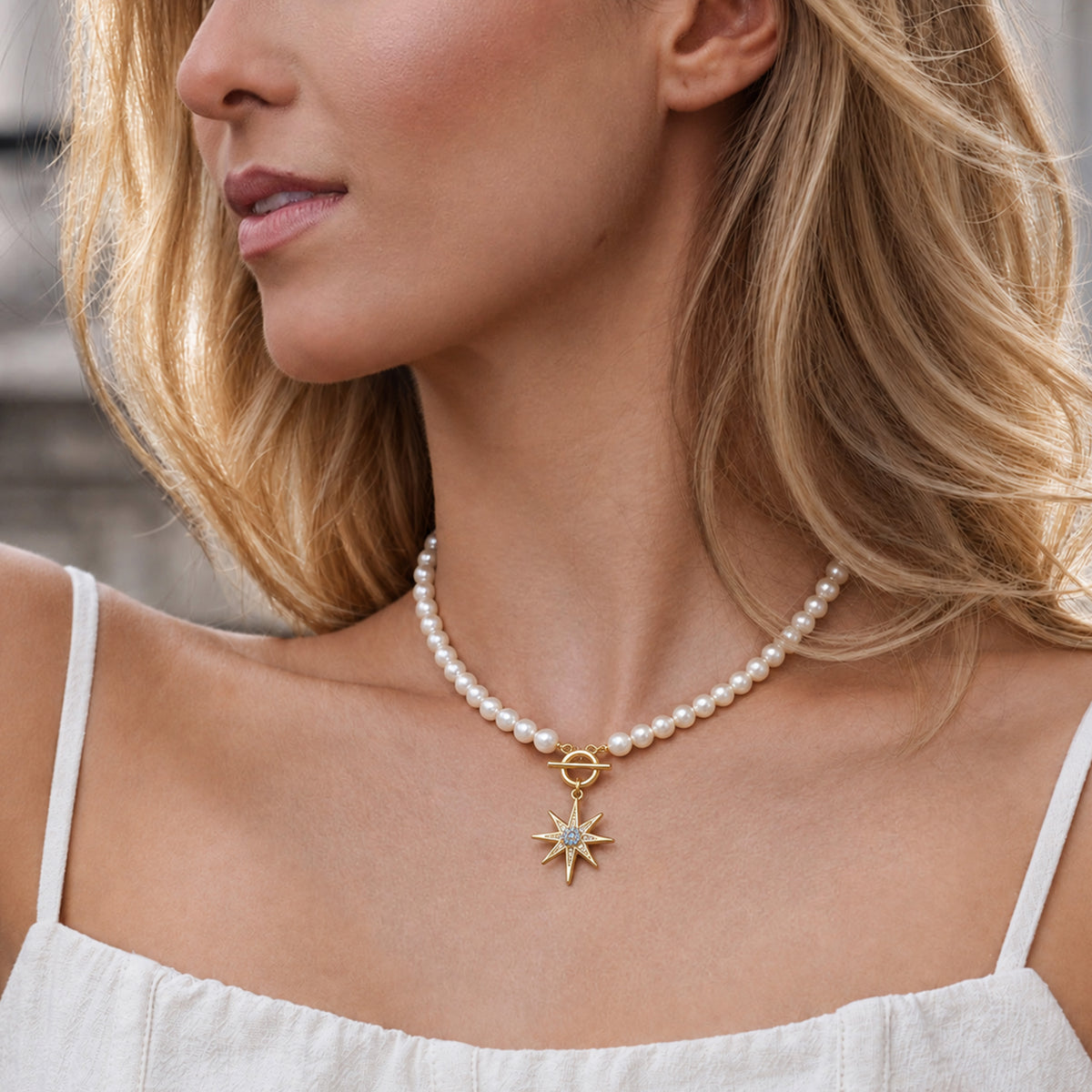 Gold-Plated Blue Starburst Pearl-Bead Necklace
