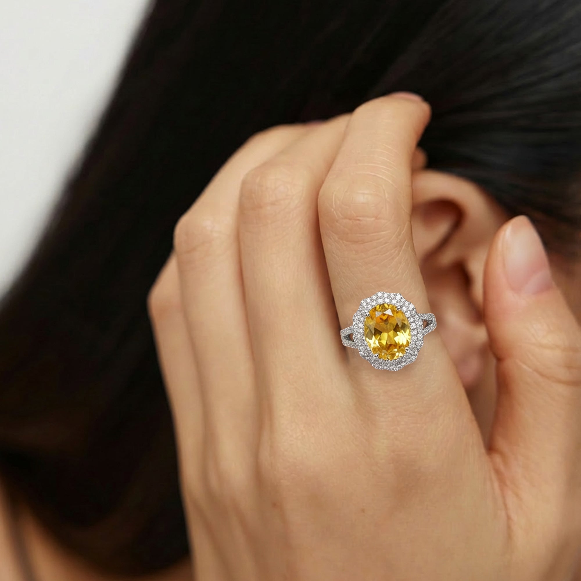 Silver-Tone Yellow Zircon Halo Copper Ring