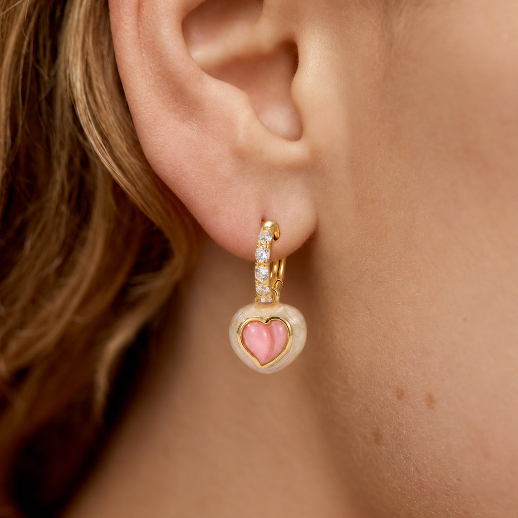 Pink Heart Charm Pavé Hoop Earrings
