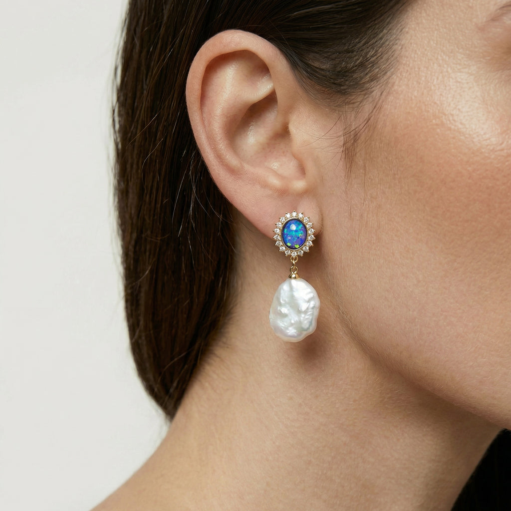 Blue Oval Zircon & Freshwater Pearl Drop Earrings